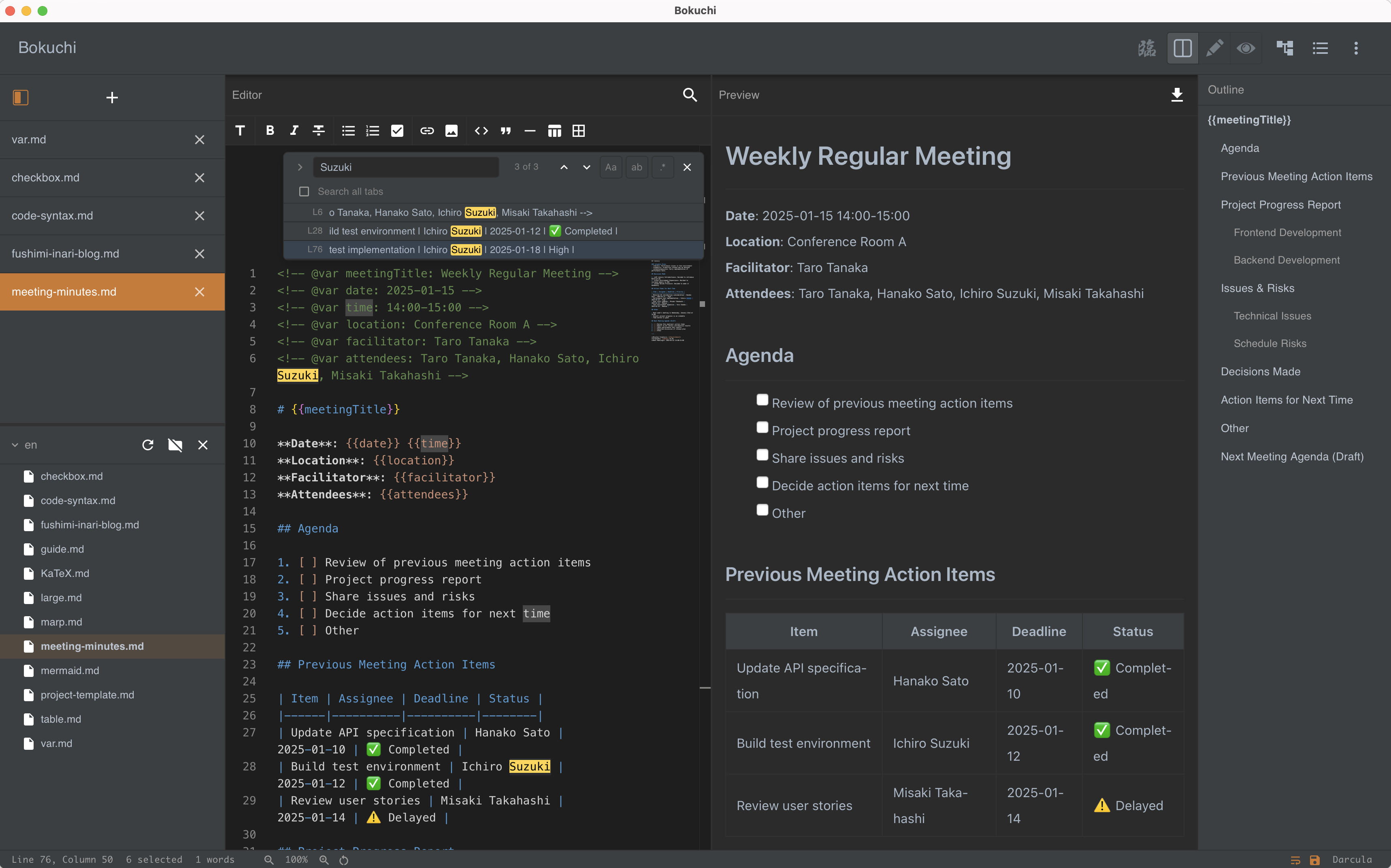 Bokuchi editor with split view